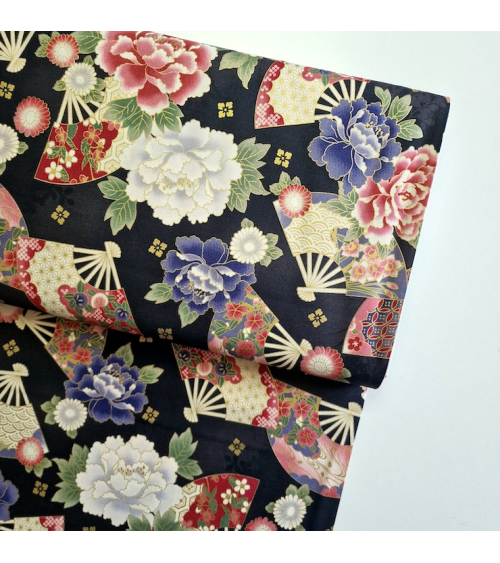 Japanese cotton fabric 'Fans and multicolor flowers' in black