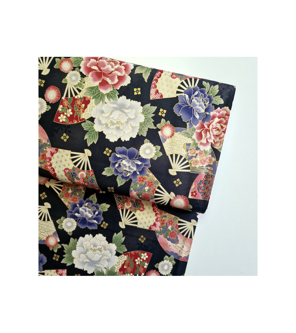 Japanese cotton fabric 'Fans and multicolor flowers' in black