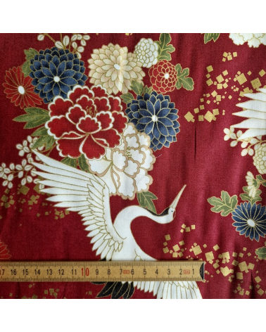 Japanese fabric. Flying Cranes and flowers in red.