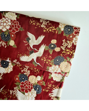 Japanese fabric. Flying Cranes and flowers in red.