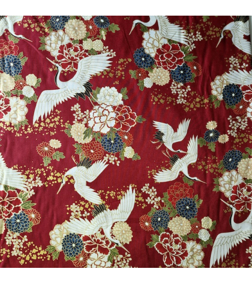 Japanese fabric. Flying Cranes and flowers in red.