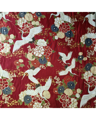 Japanese fabric. Flying Cranes and flowers in red.
