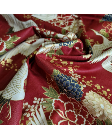 Japanese fabric. Flying Cranes and flowers in red.