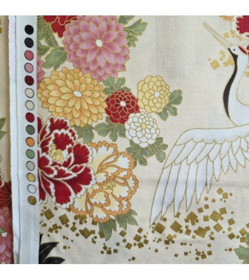 Japanese fabric. Flying Cranes and flowers in ivory.
