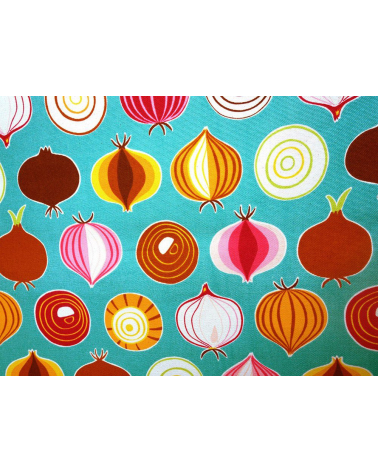 Tela japonesa. Cebollas multicolores sobre fondo verde