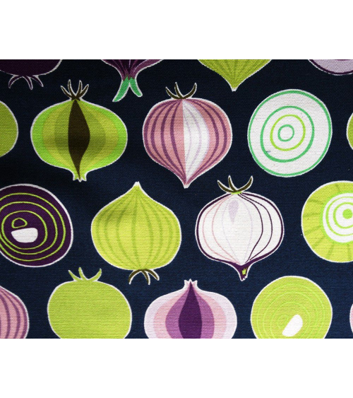 Tela japonesa. Cebollas multicolores sobre fondo azul navy