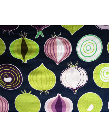 Tela japonesa. Cebollas multicolores sobre fondo azul navy