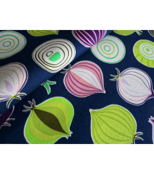 Tela japonesa. Cebollas multicolores sobre fondo azul navy