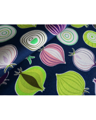 Tela japonesa. Cebollas multicolores sobre fondo azul navy