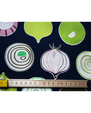 Tela japonesa. Cebollas multicolores sobre fondo azul navy