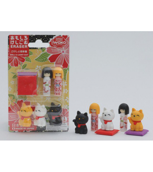 Blister goma IWAKO kokeshi y maneki neko