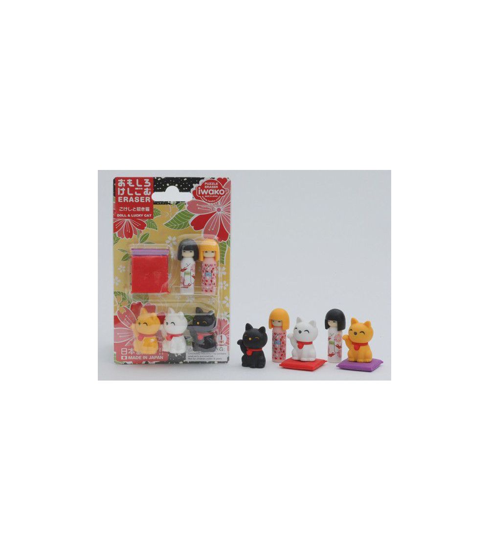 Blister goma IWAKO kokeshi y maneki neko