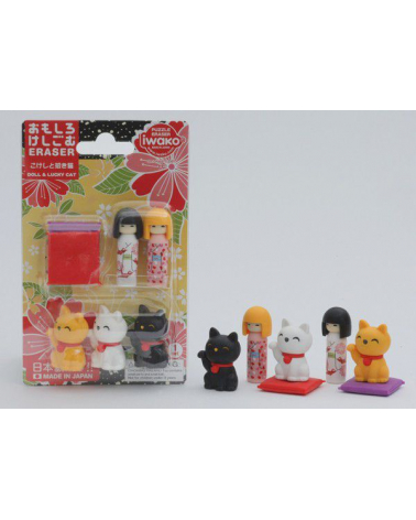 Blister goma IWAKO kokeshi y maneki neko
