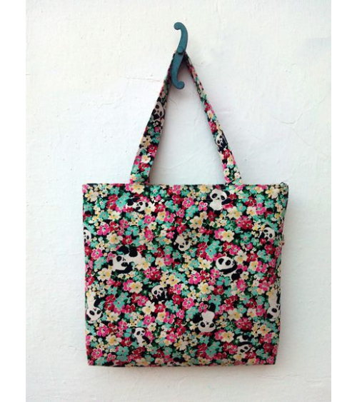 Bolso tote bag cremallera pandas y flores