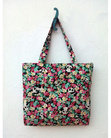 Bolso tote bag cremallera pandas y flores