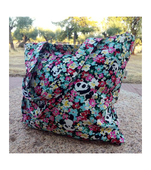 Bolso tote bag cremallera pandas y flores