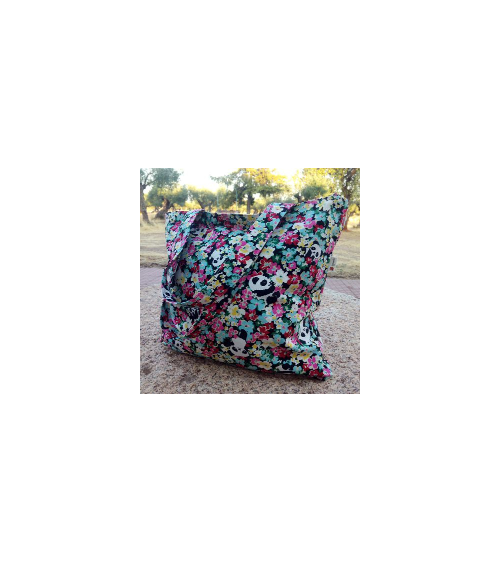 Bolso tote bag cremallera pandas y flores