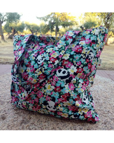 Bolso tote bag cremallera pandas y flores