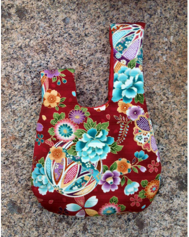 Bolso de mano japonés satin de algodón rojo con temari