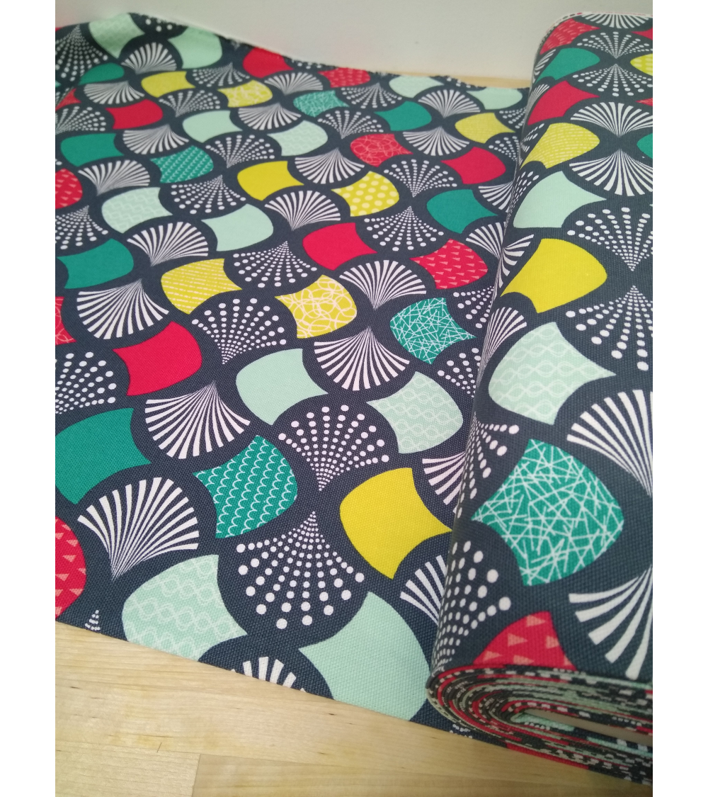 Oxford japanese fabric with colorful fans over grayish green