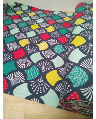 Oxford japanese fabric with colorful fans over grayish green