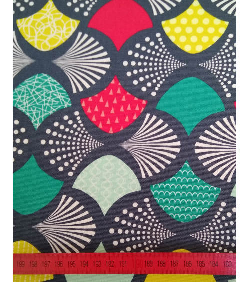 Oxford japanese fabric with colorful fans over grayish green