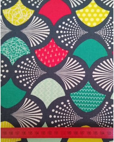 Oxford japanese fabric with colorful fans over grayish green