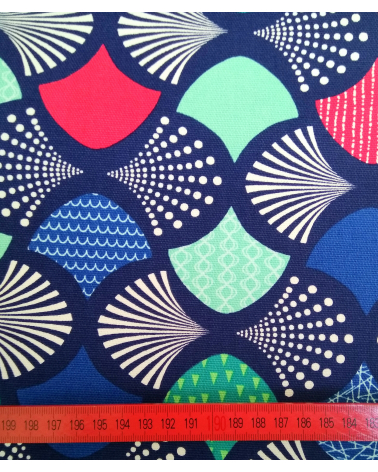 Oxford Japanese fabric with colorful fans over Navy blue