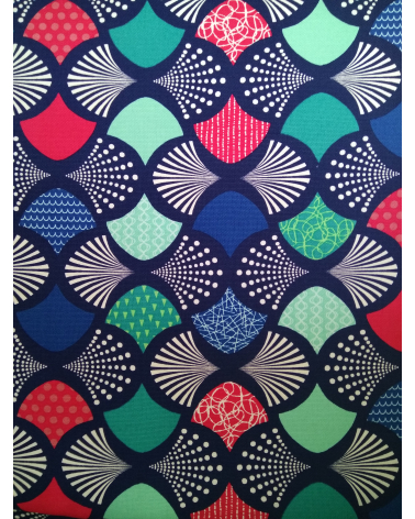 Tela japonesa tipo oxford. Azul Navy con abanicos coloridos.
