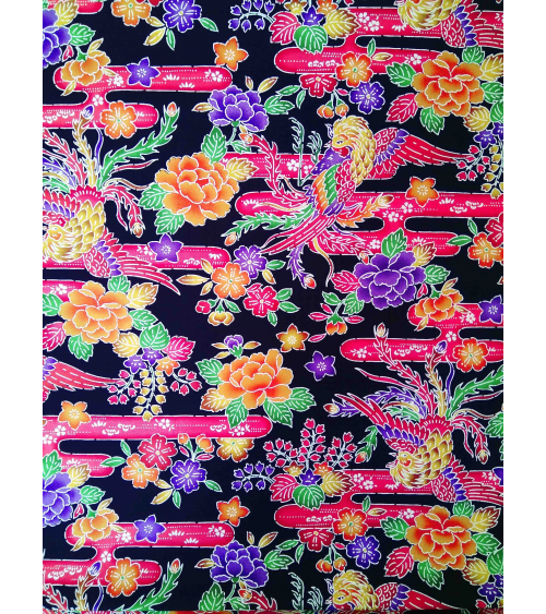Japanese fabric. Bingata phoenix over black.