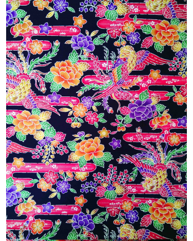 Japanese fabric. Bingata phoenix over black.
