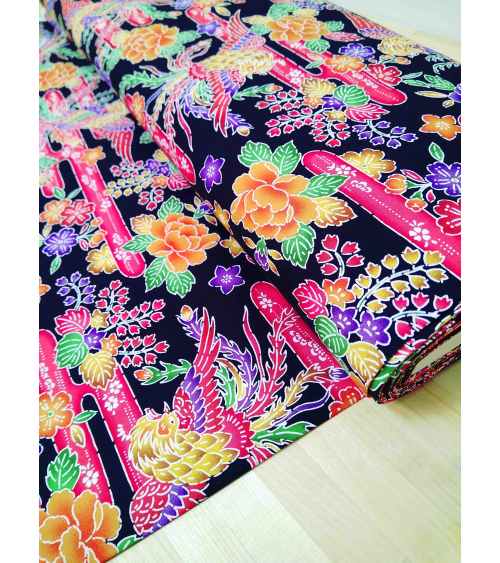 Japanese fabric. Bingata phoenix over black.