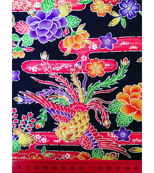 Japanese fabric. Bingata phoenix over black.
