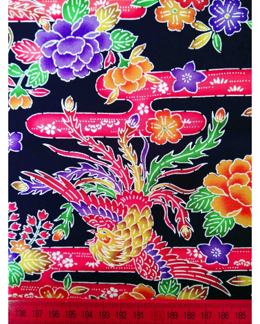 Japanese fabric. Bingata phoenix over black.