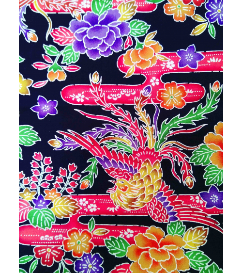 Japanese fabric. Bingata phoenix over black.