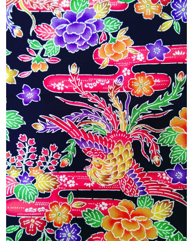 Japanese fabric. Bingata phoenix over black.