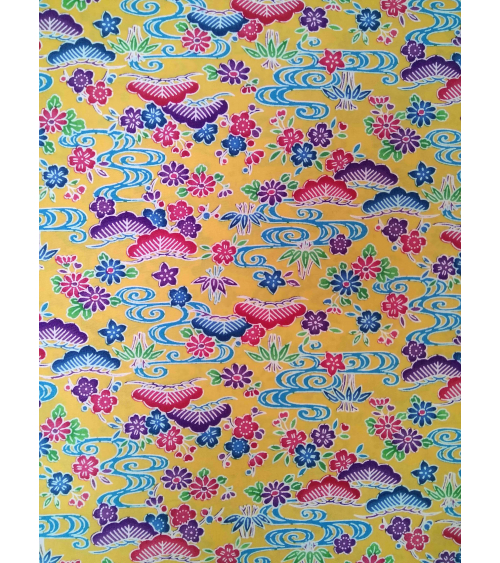 Japanese fabric. Bingata floral print over yellow.