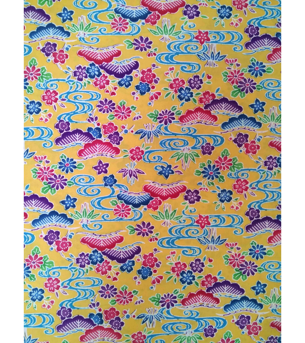 Japanese fabric. Bingata floral print over yellow.