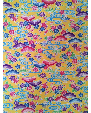Japanese fabric. Bingata floral print over yellow.