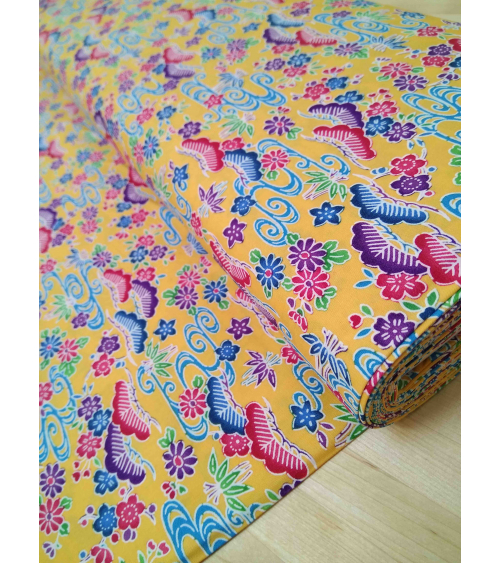 Japanese fabric. Bingata floral print over yellow.