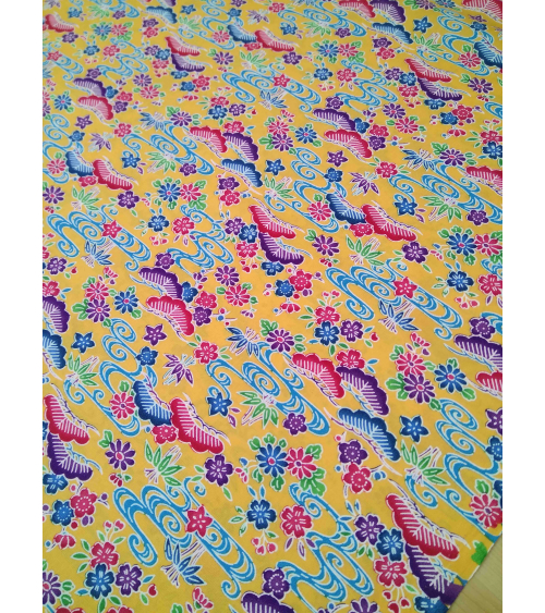 Japanese fabric. Bingata floral print over yellow.
