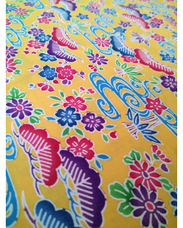 Japanese fabric. Bingata floral print over yellow.