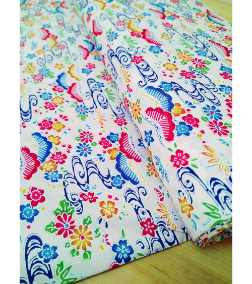 Japanese fabric. Bingata floral print over white.