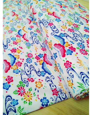 Japanese fabric. Bingata floral print over white.
