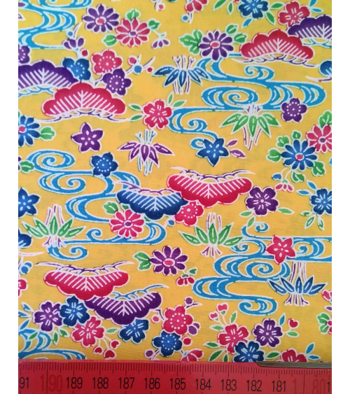 Japanese fabric. Bingata floral print over yellow.