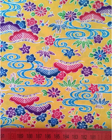 Japanese fabric. Bingata floral print over yellow.