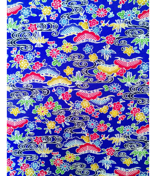 Japanese fabric. Bingata floral print over royal blue.