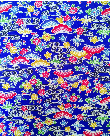 Japanese fabric. Bingata floral print over royal blue.