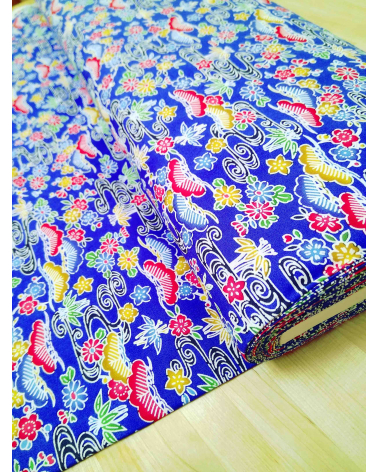 Japanese fabric. Bingata floral print over royal blue.