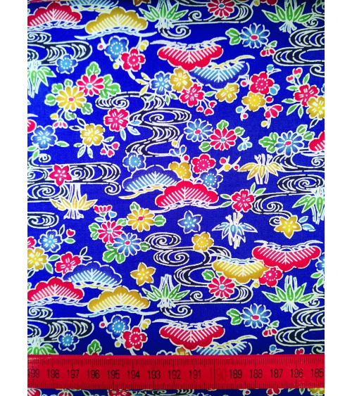 Japanese fabric. Bingata floral print over royal blue.